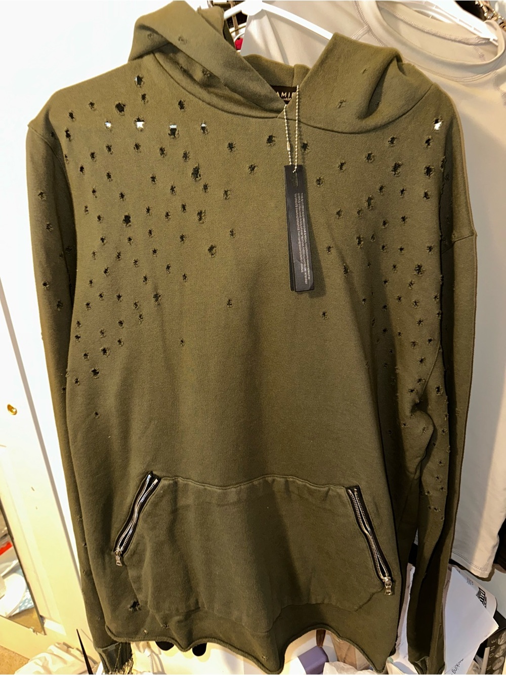 AMIRI Olive Green Distressed Hole hoodie